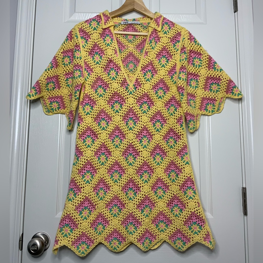 Zara Crochet Knit Yellow Pink Green Dress Size Small Limited Edition